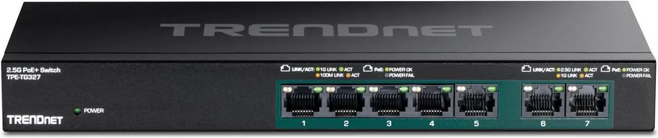 Alt view image 2 of 6 - TRENDnet 7-Port Multi-Gig PoE+ Switch, 5 x 1G RJ-45 PoE+ BASE-T Ports, 2 x 2.5G RJ-45 PoE+ Ports, 20Gbps Switching Capacity, Network Ethernet Switch, Lifetime Protection, Black, TPE-TG3