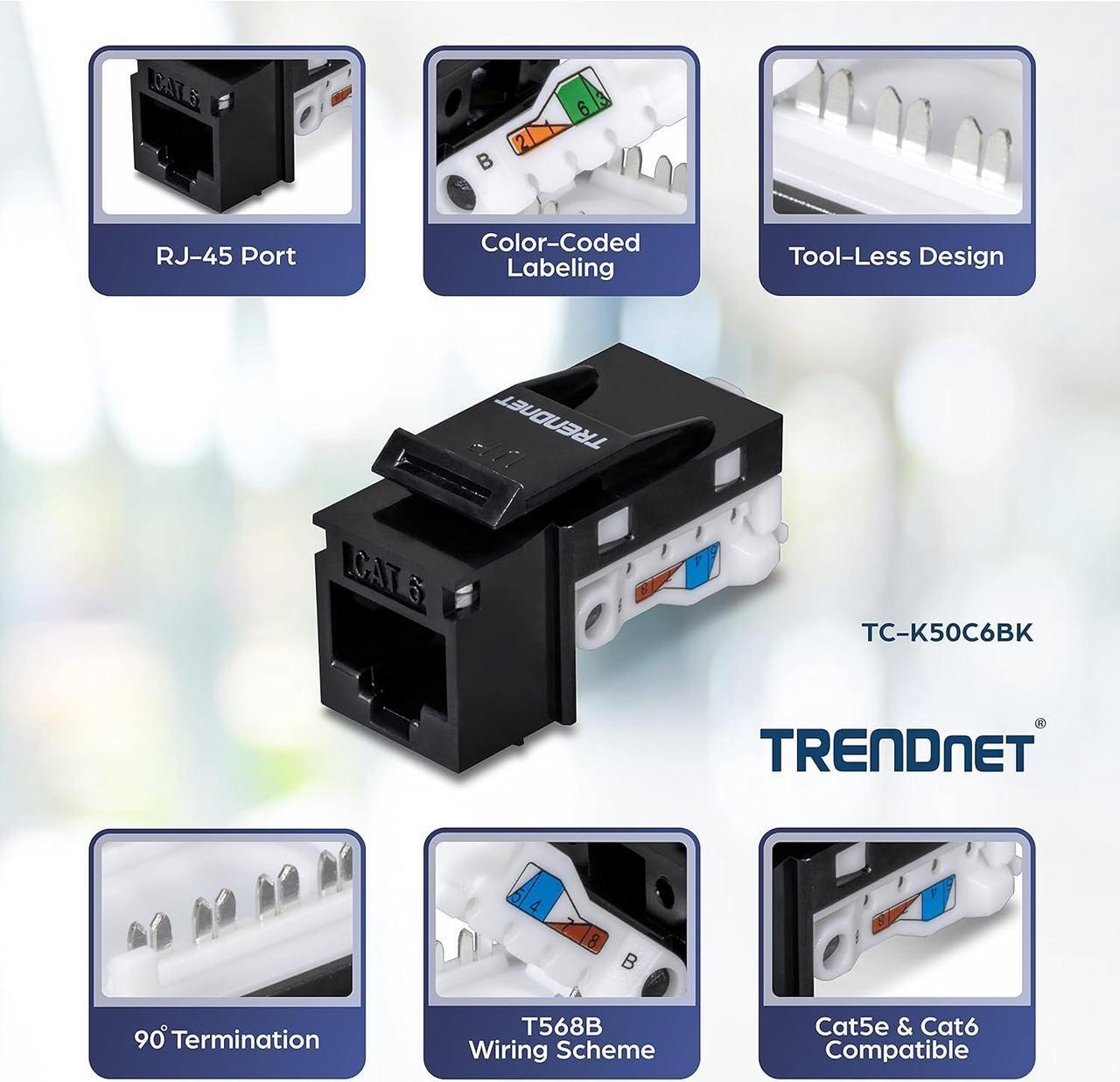 Alt view image 3 of 15 - TRENDnet Cat6 RJ45 Keystone Jack 50-Pack Bundle, Compatible With Cat5,Cat5e,Cat6 Cabling, Use With The TC-KP24 Or TC-KP48 Blank Keystone Patch Panels (Sold Separately), Black, TC-K50C6BK