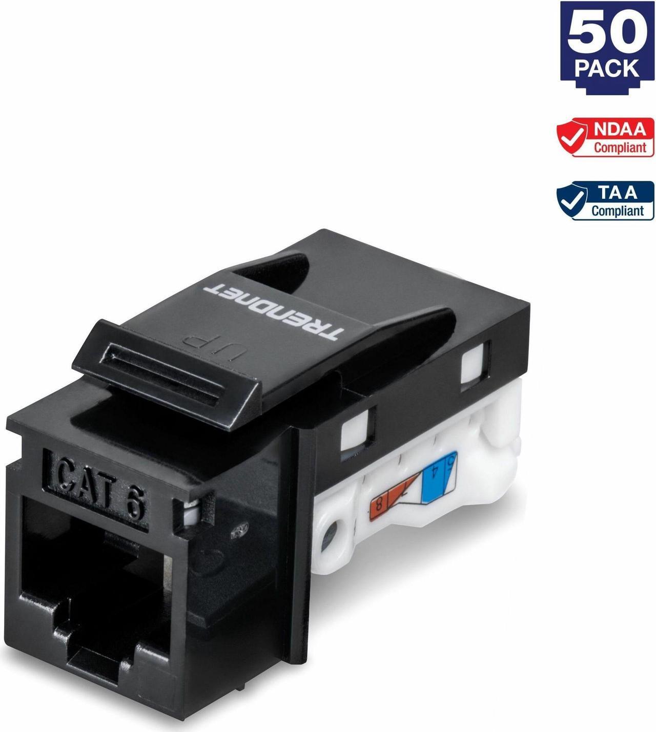 Main image of TRENDnet Cat6 RJ45 Keystone Jack 50-Pack Bundle, Compatible With Cat5,Cat5e,Cat6 Cabling, Use With The TC-KP24 Or TC-KP48 Blank Keystone Patch Panels (Sold Separately), Black, TC-K50C6BK