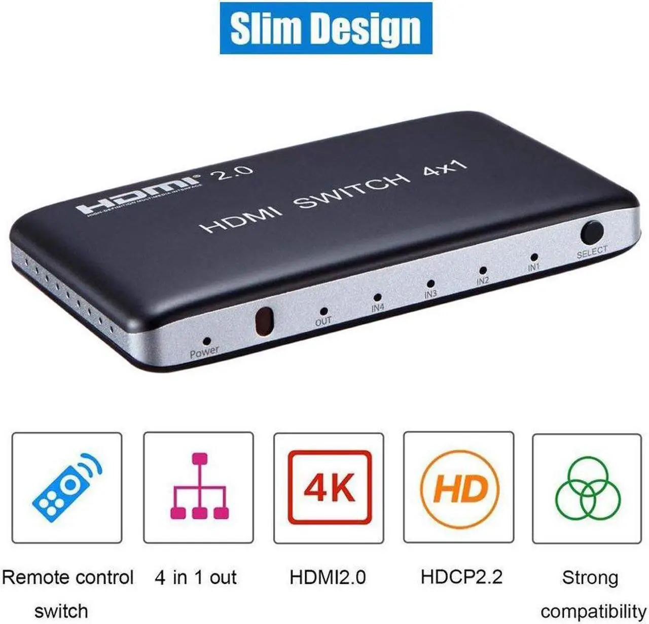 Alt view image 6 of 6 - 4K x 2K 4 Port 4 x 1 HDMI 2.0 HDMI Switch with IR Wireless Remote Control HDMI Hub Switcher Splitter Box Support 4K 3D 1080P HDCP 2.2 For TV Blu-ray DVD PS4 PS3 Xbox Monitor Macbook PC Laptop