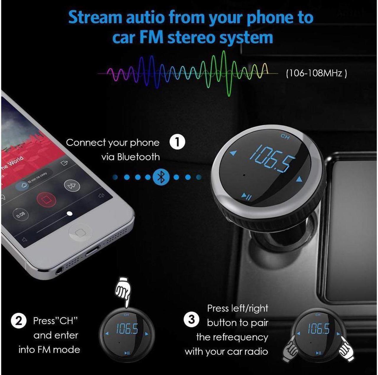 Alt view image 6 of 7 - Bluetooth FM Transmitter Car Charger with Smart Locator 5V 2.1A USB Charging Port Wireless In-Car Radio Adapter Car Kit MP3 Player Hands-free Call for iPhone Samsung Smartphone Silver