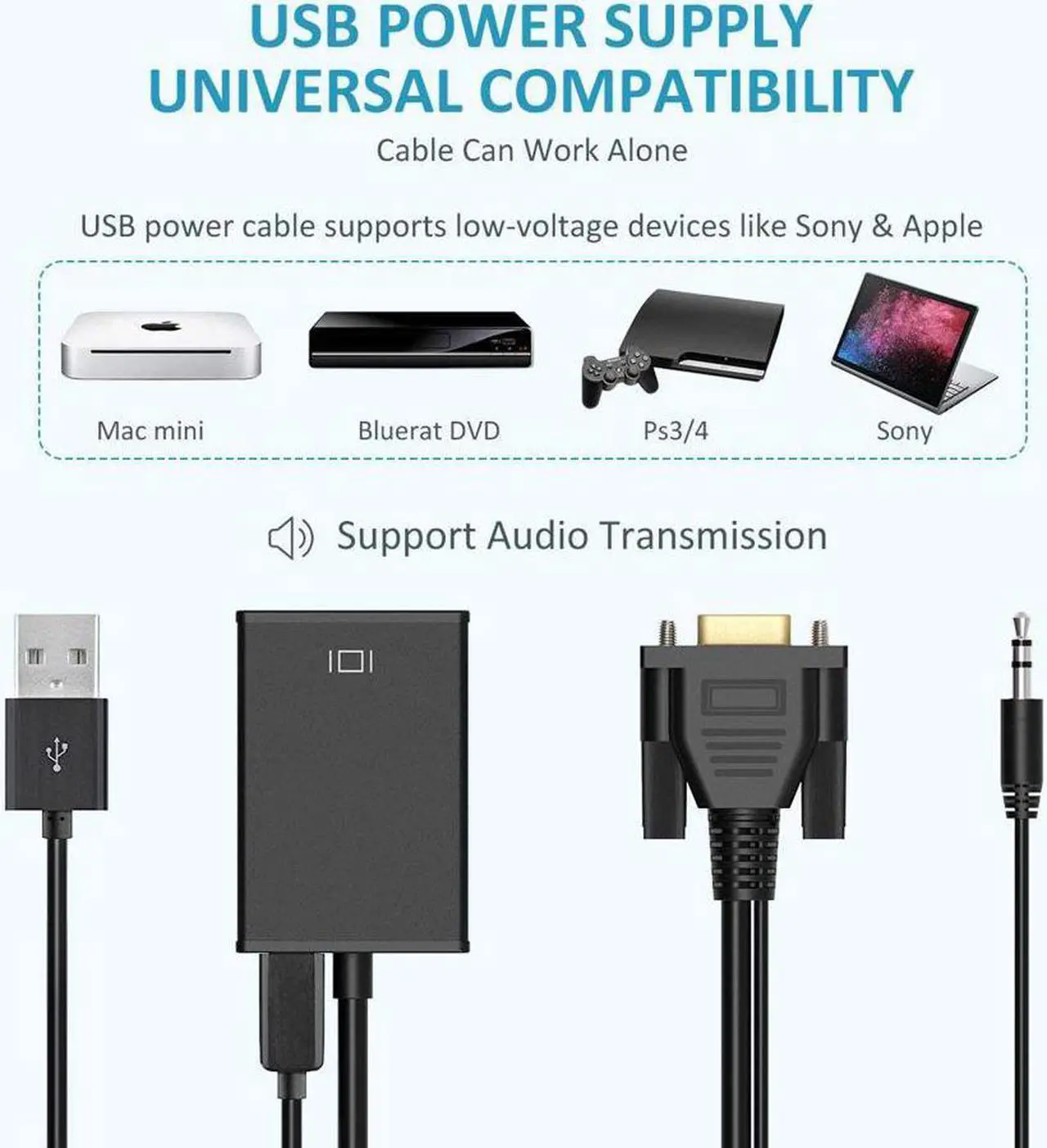 Alt view image 2 of 6 - VGA To HDMI Output Adapter 1080P HD GA Male to HDMI Female Audio Video Cable Converter Adapter With Audio Support For TV AV HDTV - Includes Free USB Cable