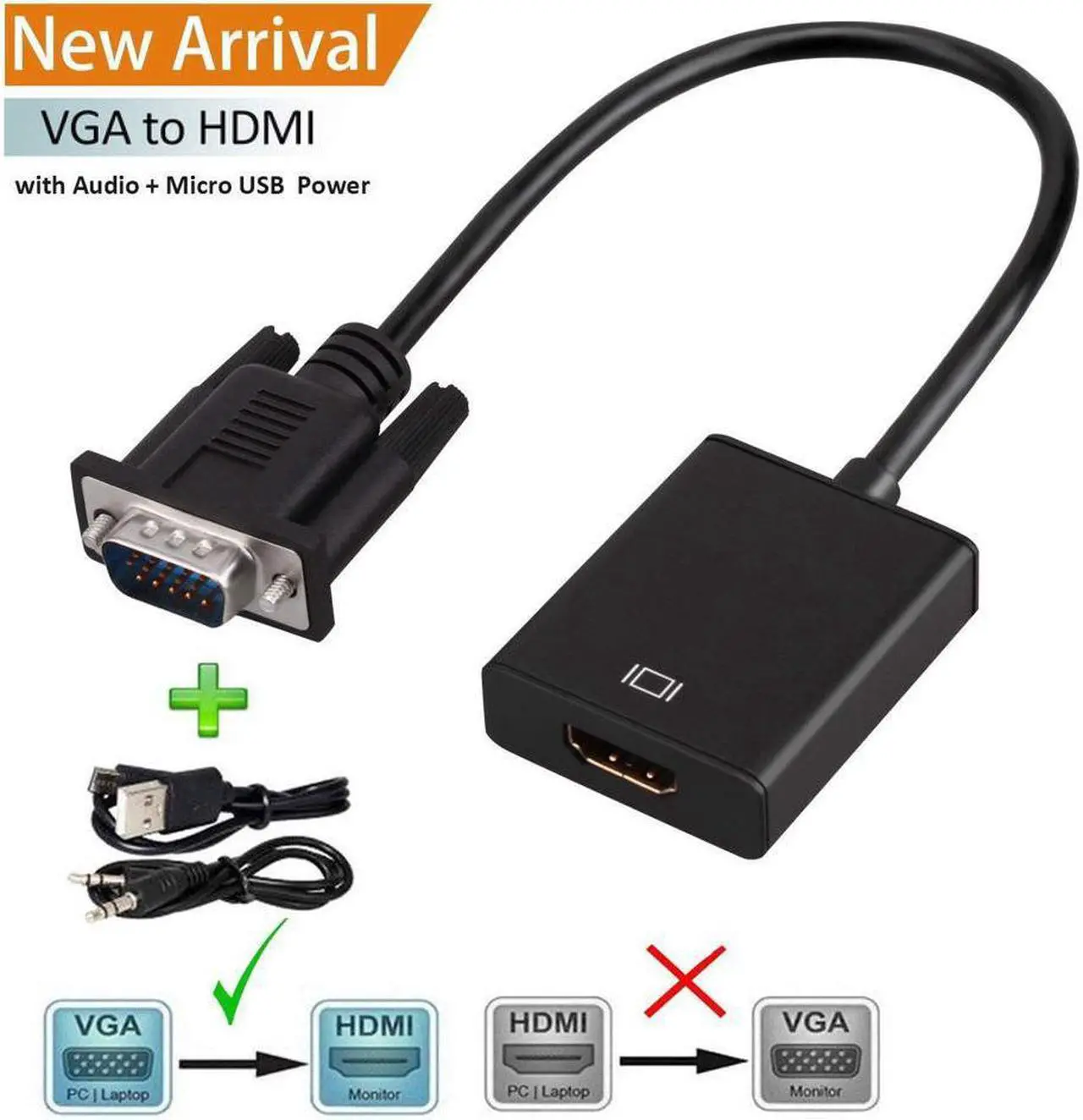 Main image of VGA to HDMI Werleo 1080P VGA to HDMI Adapter Male to Female for Computer Desktop Laptop PC Monitor Projector HDTV with Audio Cable and USB Cable Black