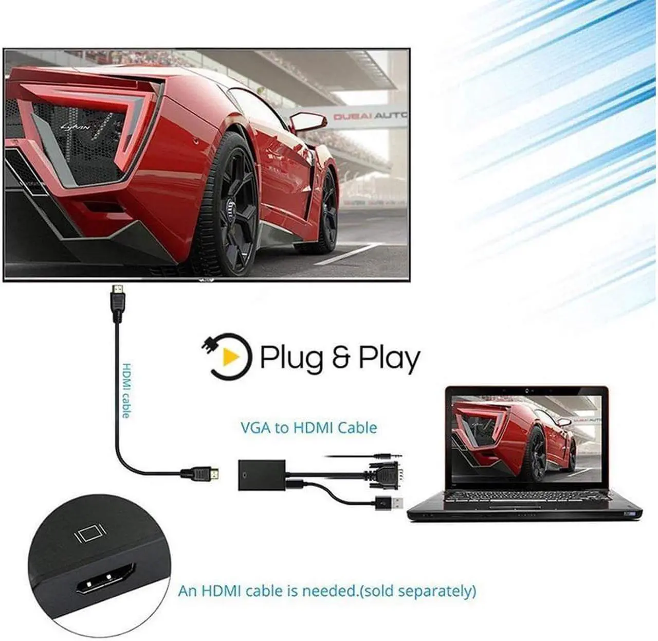 Alt view image 2 of 7 - VGA to HDMI Werleo 1080P VGA to HDMI Adapter Male to Female for Computer Desktop Laptop PC Monitor Projector HDTV with Audio Cable and USB Cable Black