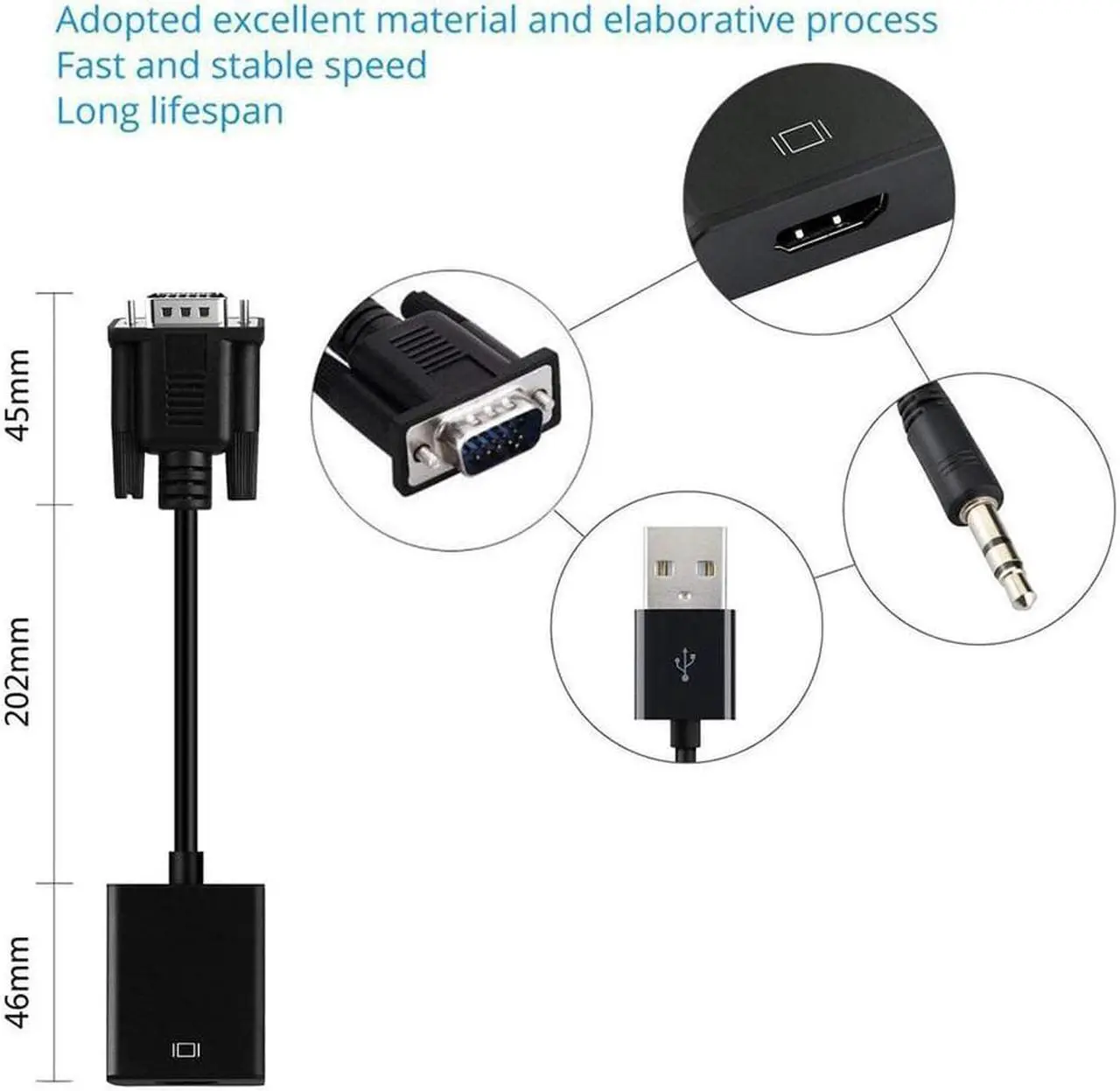 Alt view image 4 of 7 - VGA to HDMI Werleo 1080P VGA to HDMI Adapter Male to Female for Computer Desktop Laptop PC Monitor Projector HDTV with Audio Cable and USB Cable Black