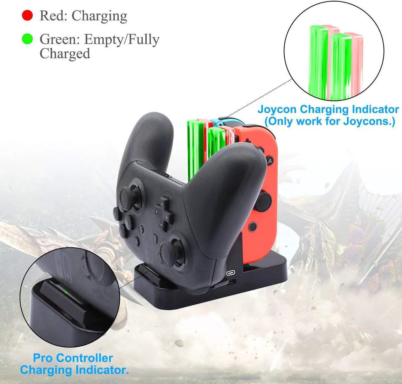 Alt view image 3 of 7 - Controller Charger for Nintendo Switch, Charging Dock Stand Station for Switch Joy-con and Pro Controller with Charging Indicator and Type C Charging Cable