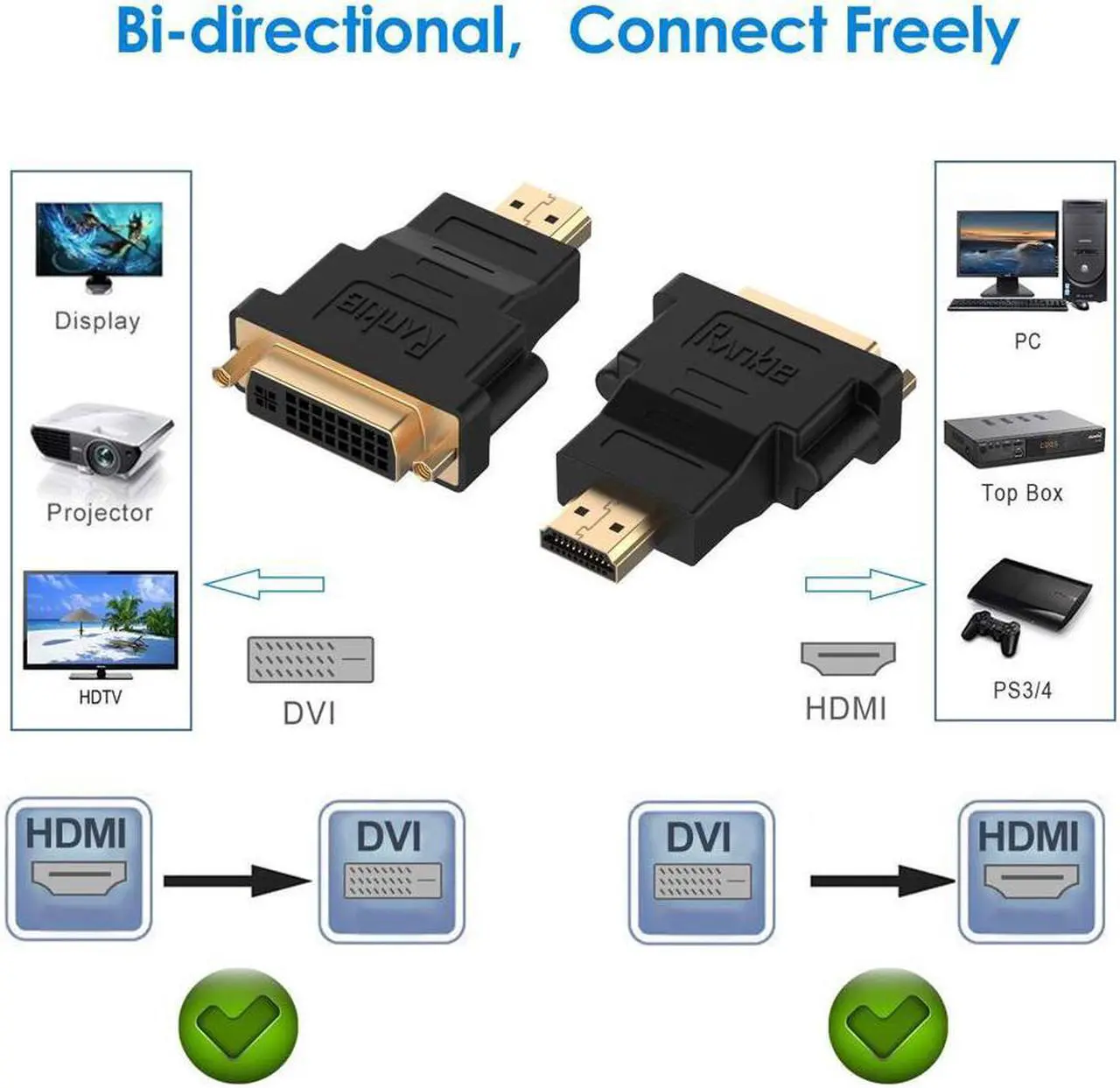 Alt view image 3 of 5 - 2 Packs DVI to HDMI Adapter Werleo Bidirectional DVI to HDMI Converter Gold-Plated HDMI to DVI Male to Female Adapter