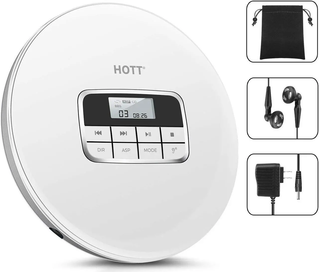 Main image of Portable CD Player HOTT Personal Compact Disc Player LCD Display with Stereo Earbuds Electronic Skip Protection Anti-Shock Function White