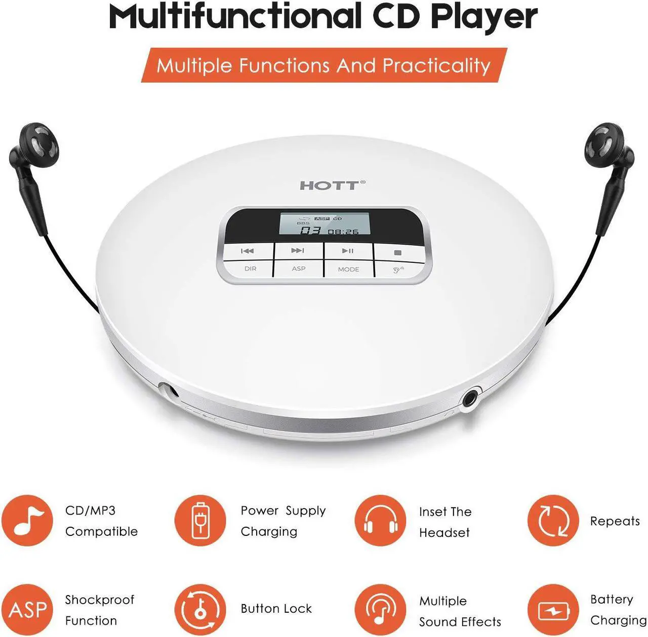 Alt view image 2 of 7 - Portable CD Player HOTT Personal Compact Disc Player LCD Display with Stereo Earbuds Electronic Skip Protection Anti-Shock Function White