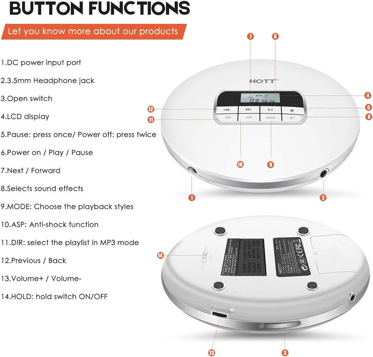 Alt view image 3 of 7 - Portable CD Player HOTT Personal Compact Disc Player LCD Display with Stereo Earbuds Electronic Skip Protection Anti-Shock Function White