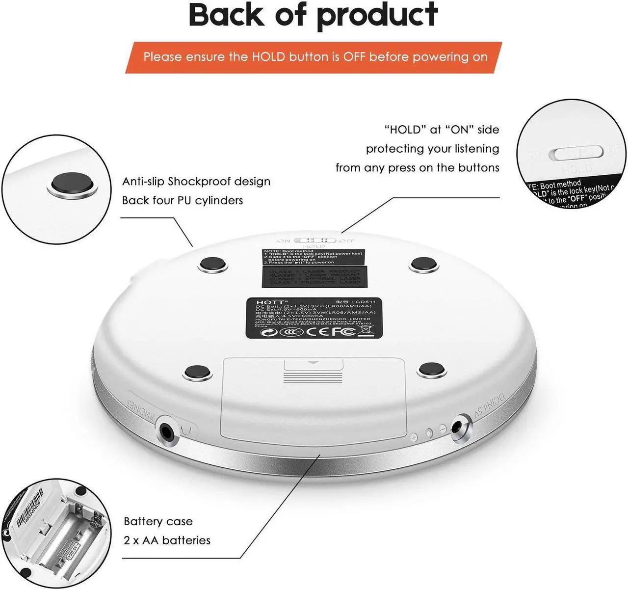 Alt view image 4 of 7 - Portable CD Player HOTT Personal Compact Disc Player LCD Display with Stereo Earbuds Electronic Skip Protection Anti-Shock Function White