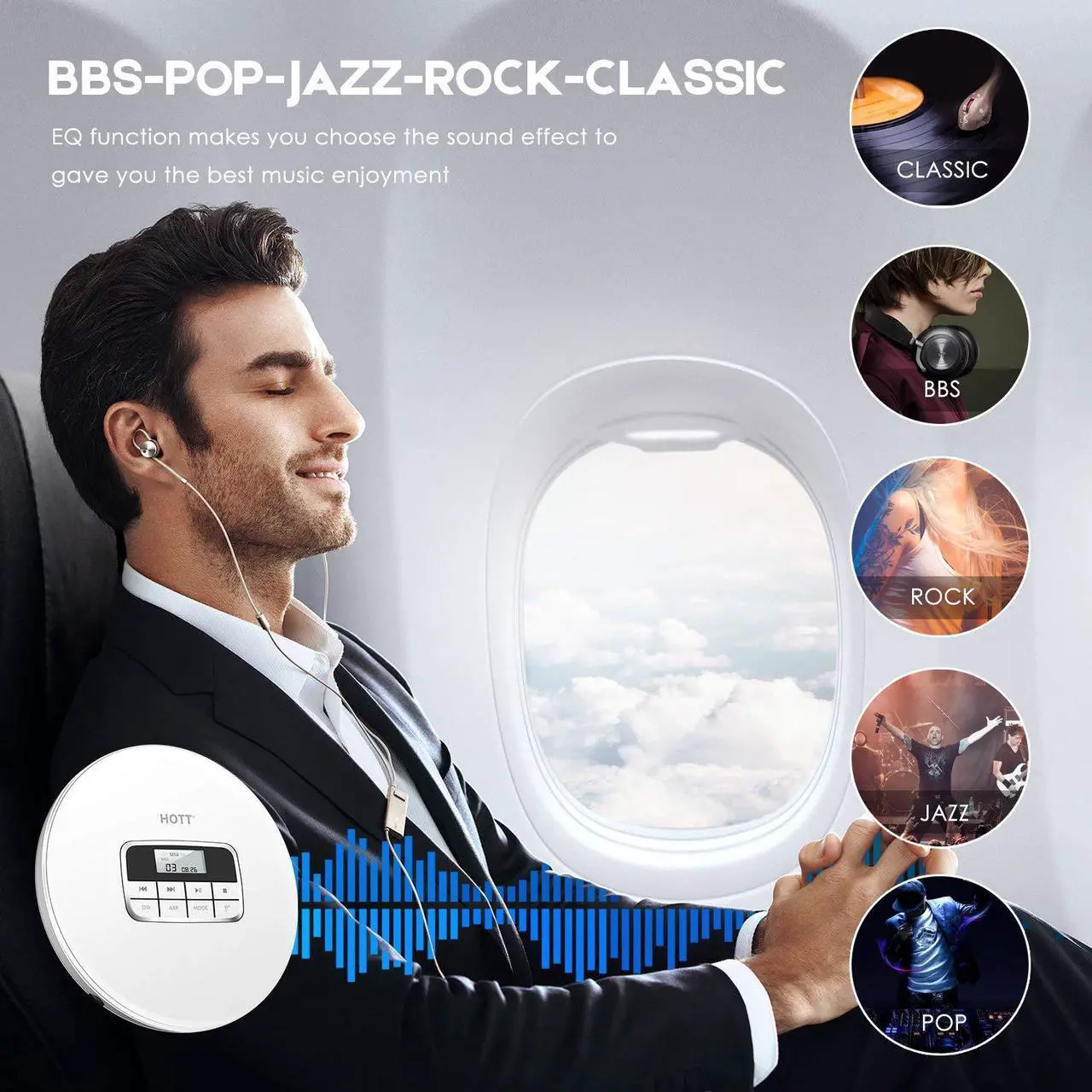 Alt view image 5 of 7 - Portable CD Player HOTT Personal Compact Disc Player LCD Display with Stereo Earbuds Electronic Skip Protection Anti-Shock Function White