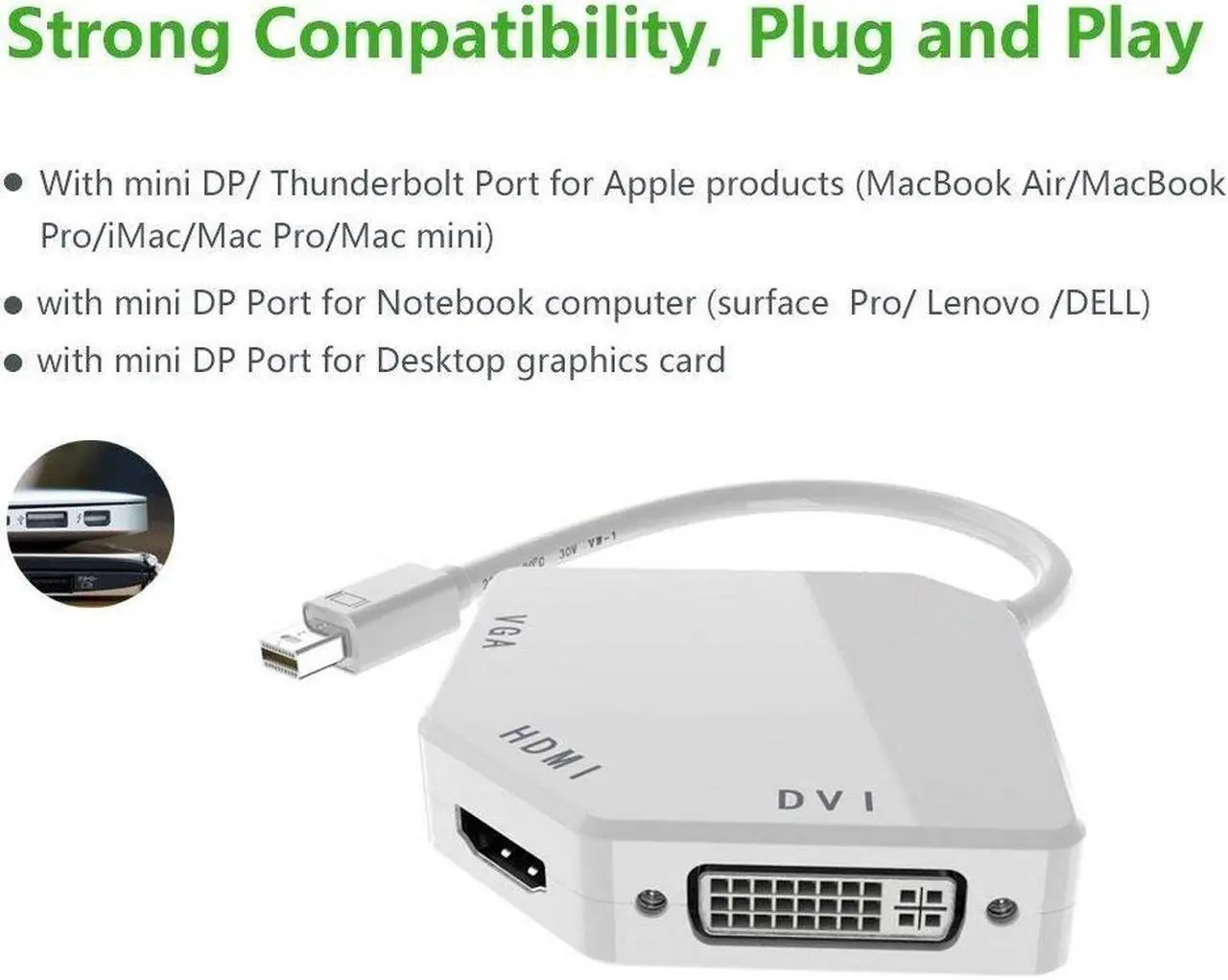 Alt view image 2 of 7 - 3-in-1 Mini DP Thunderbolt to HDMI DVI VGA Adapter Cable 1080p Mini Display Converter for Macbook Air Macbook Pro iMac Mini Surface Pro Series White