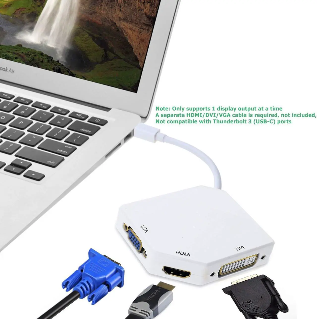 Alt view image 6 of 7 - 3-in-1 Mini DP Thunderbolt to HDMI DVI VGA Adapter Cable 1080p Mini Display Converter for Macbook Air Macbook Pro iMac Mini Surface Pro Series White