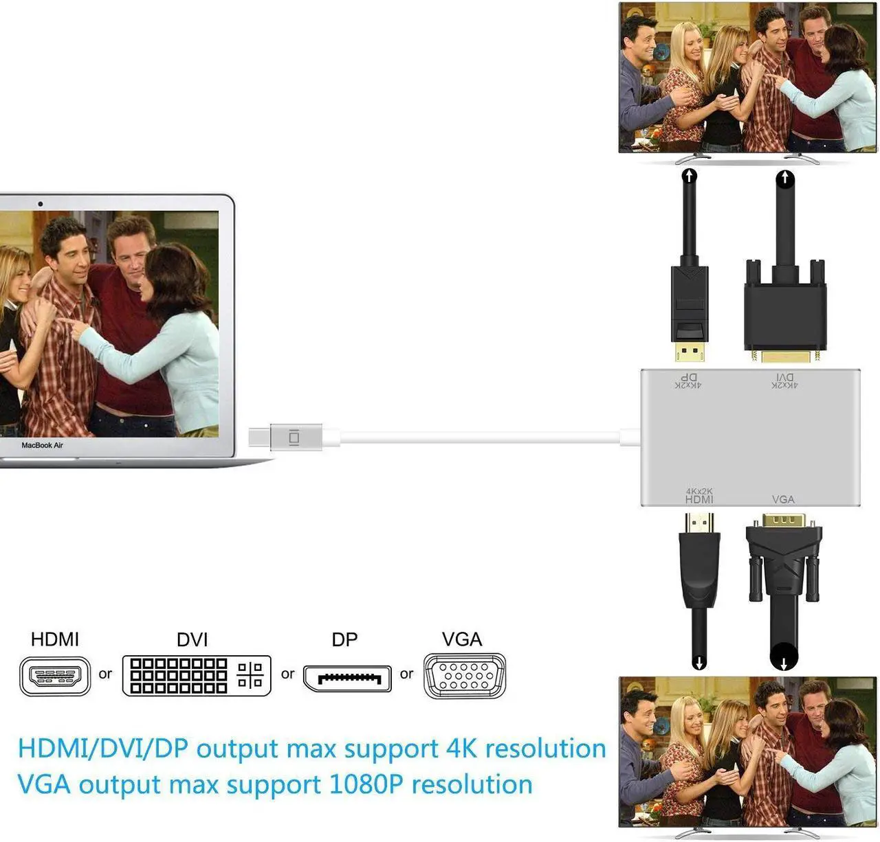 Alt view image 4 of 7 - Werleo 4-in-1 Mini Display Port to VGA HDMI DVI DP Adapter 4K Mini DP Thunderbolt 4-in-1 Adapter Converter for MacBook Air MacBook Pro Microsoft Surface Pro 2 3