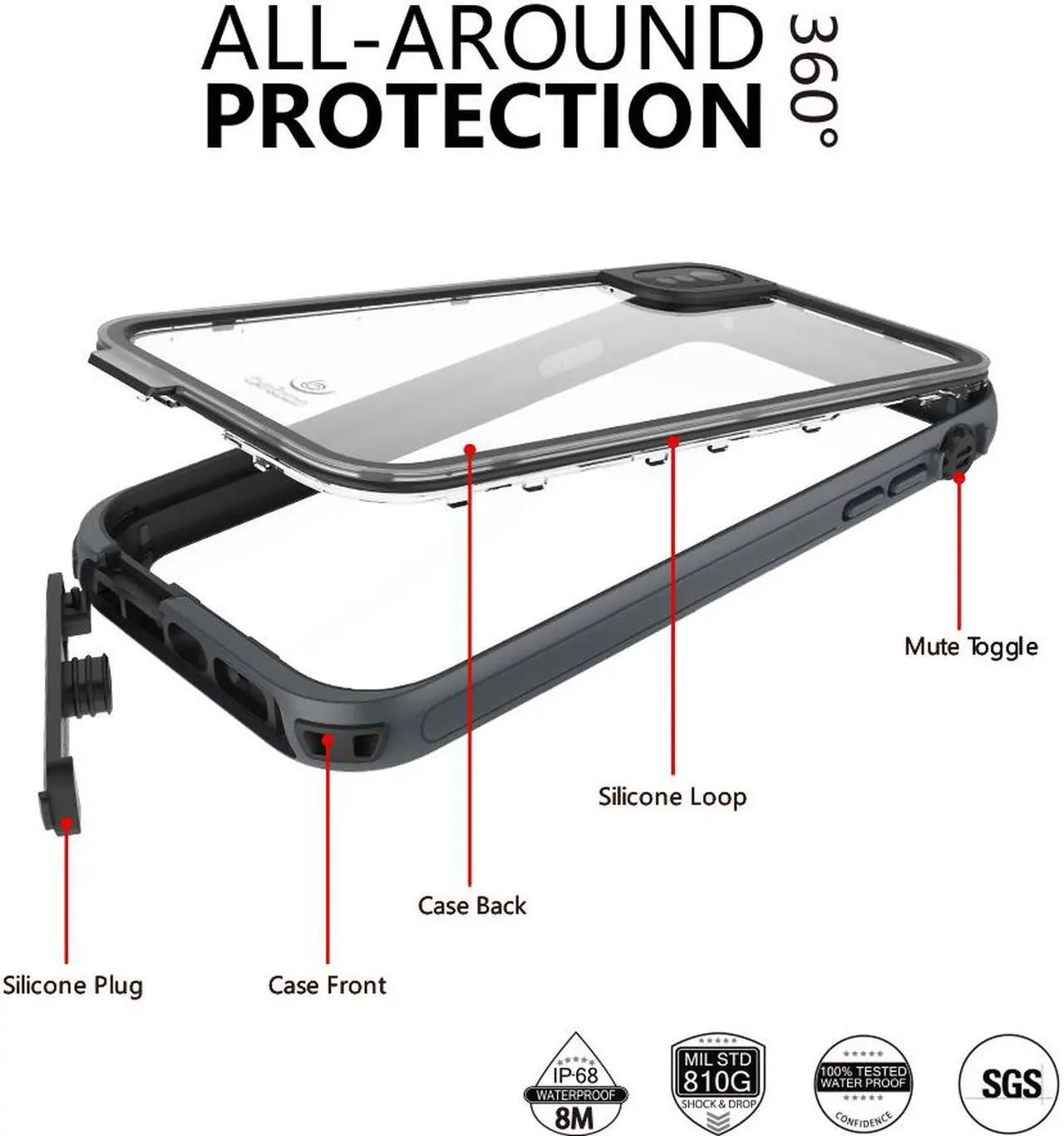 Alt view image 2 of 7 - aquaLife iPhone Xs MAX Waterproof, Shock & Drop Proof, Dirt Proof, Heavy Duty Case (IP68 Rated, MIL-STD-810G Certified) Features: Built-in Screen Protector & 360° Watertight Seal (Grey)
