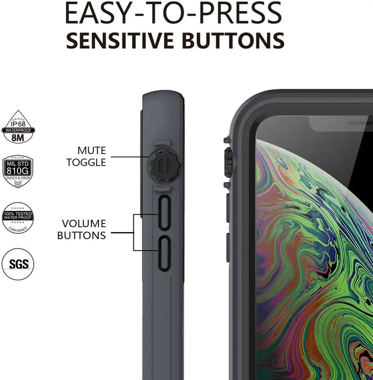 Alt view image 4 of 7 - aquaLife iPhone Xs MAX Waterproof, Shock & Drop Proof, Dirt Proof, Heavy Duty Case (IP68 Rated, MIL-STD-810G Certified) Features: Built-in Screen Protector & 360° Watertight Seal (Grey)