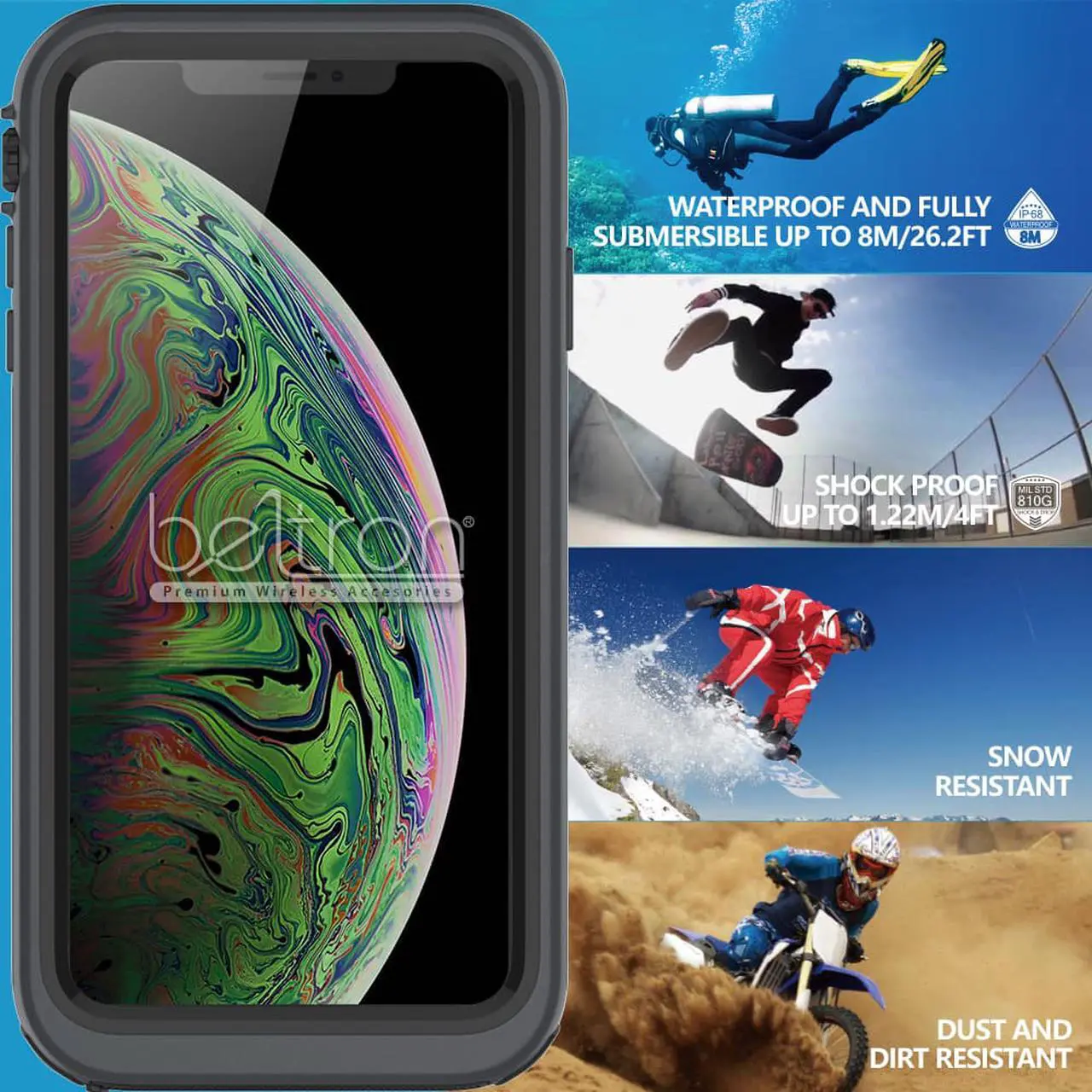Alt view image 5 of 7 - aquaLife iPhone Xs MAX Waterproof, Shock & Drop Proof, Dirt Proof, Heavy Duty Case (IP68 Rated, MIL-STD-810G Certified) Features: Built-in Screen Protector & 360° Watertight Seal (Grey)