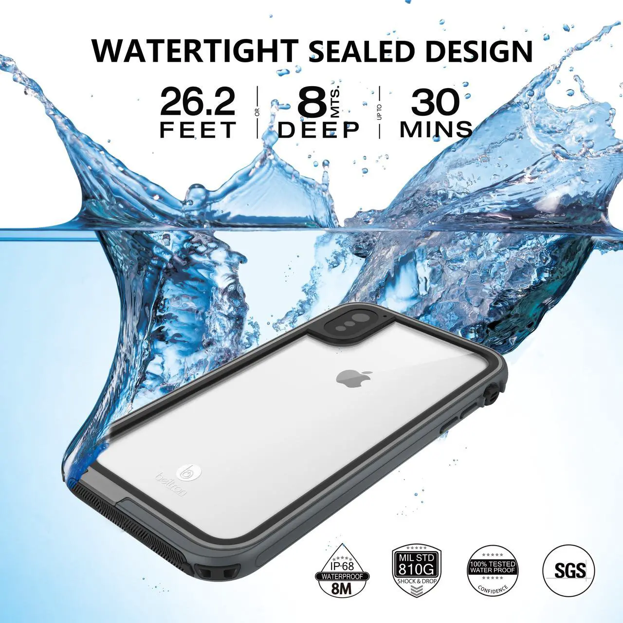 Alt view image 7 of 7 - aquaLife iPhone Xs MAX Waterproof, Shock & Drop Proof, Dirt Proof, Heavy Duty Case (IP68 Rated, MIL-STD-810G Certified) Features: Built-in Screen Protector & 360° Watertight Seal (Grey)
