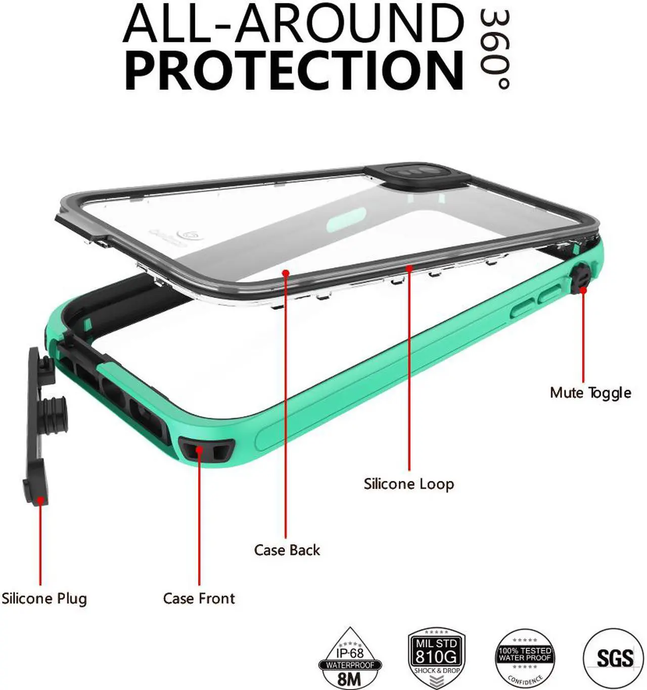 Alt view image 3 of 7 - aquaLife iPhone Xs MAX Waterproof, Shock & Drop Proof, Dirt Proof, Heavy Duty Case (IP68 Rated, MIL-STD-810G Certified) Features: Built-in Screen Protector & 360° Watertight Seal (Teal)