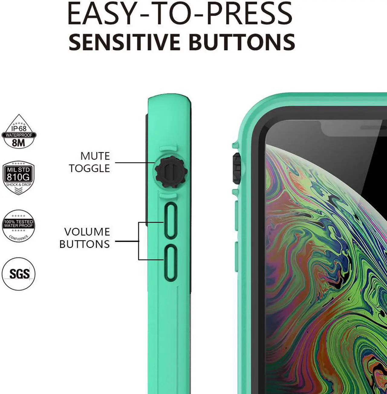 Alt view image 2 of 7 - aquaLife iPhone Xs MAX Waterproof, Shock & Drop Proof, Dirt Proof, Heavy Duty Case (IP68 Rated, MIL-STD-810G Certified) Features: Built-in Screen Protector & 360° Watertight Seal (Teal)