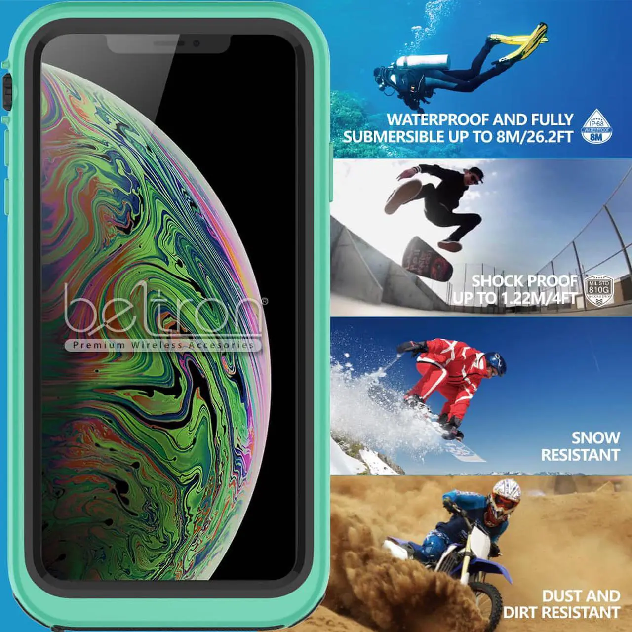 Alt view image 6 of 7 - aquaLife iPhone Xs MAX Waterproof, Shock & Drop Proof, Dirt Proof, Heavy Duty Case (IP68 Rated, MIL-STD-810G Certified) Features: Built-in Screen Protector & 360° Watertight Seal (Teal)