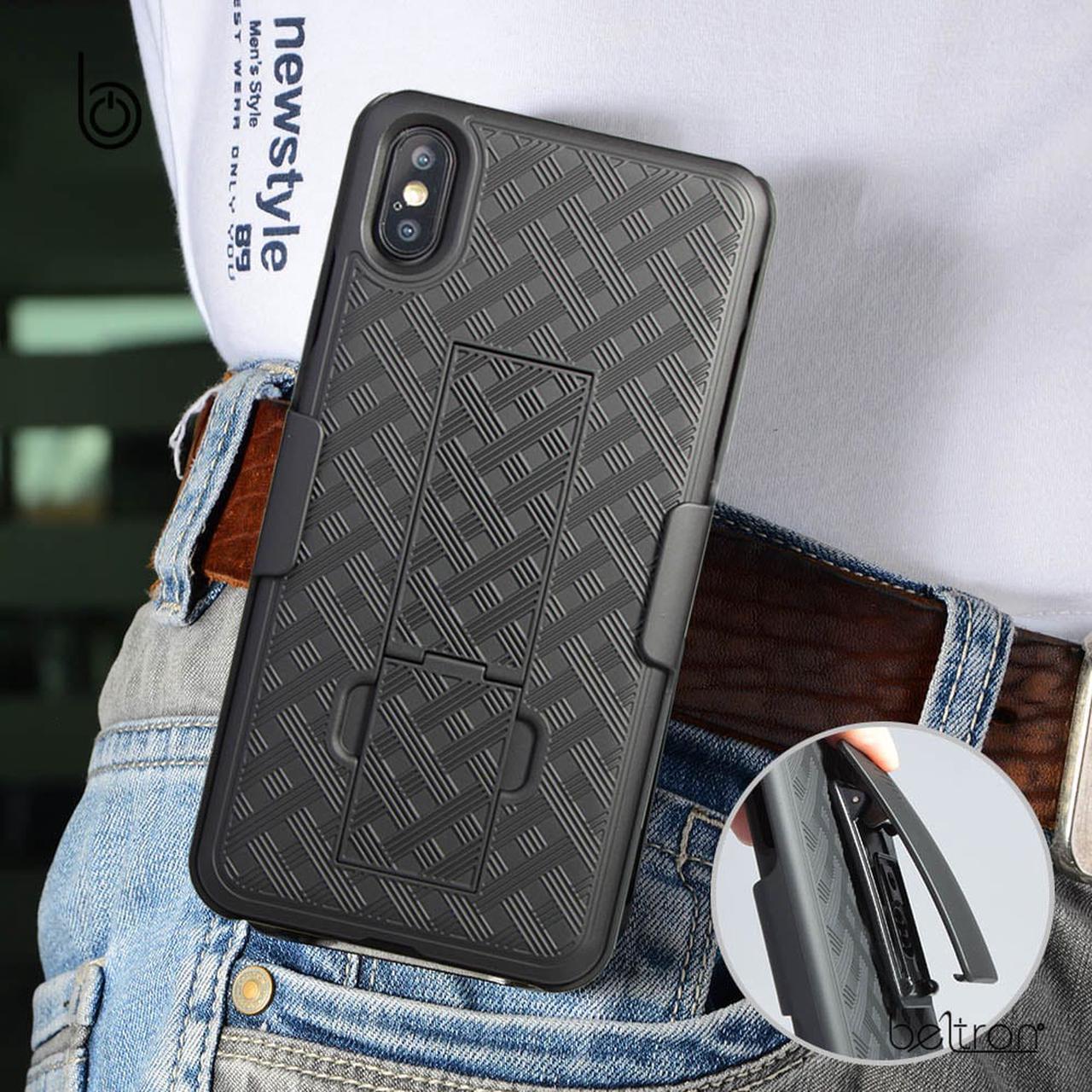 Alt view image 4 of 7 - iPhone XS MAX Case Holster, Slim Protective Belt Clip Slider Case (Shell/Holster Combo) with Built-In Kickstand