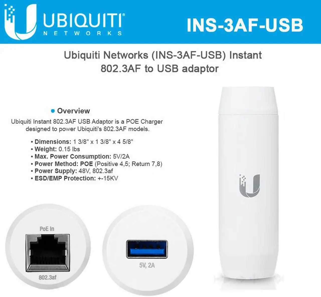 Main image of UBIQUITI NETWORKS INS-3AF-USB Instant PoE USB Type A Charger