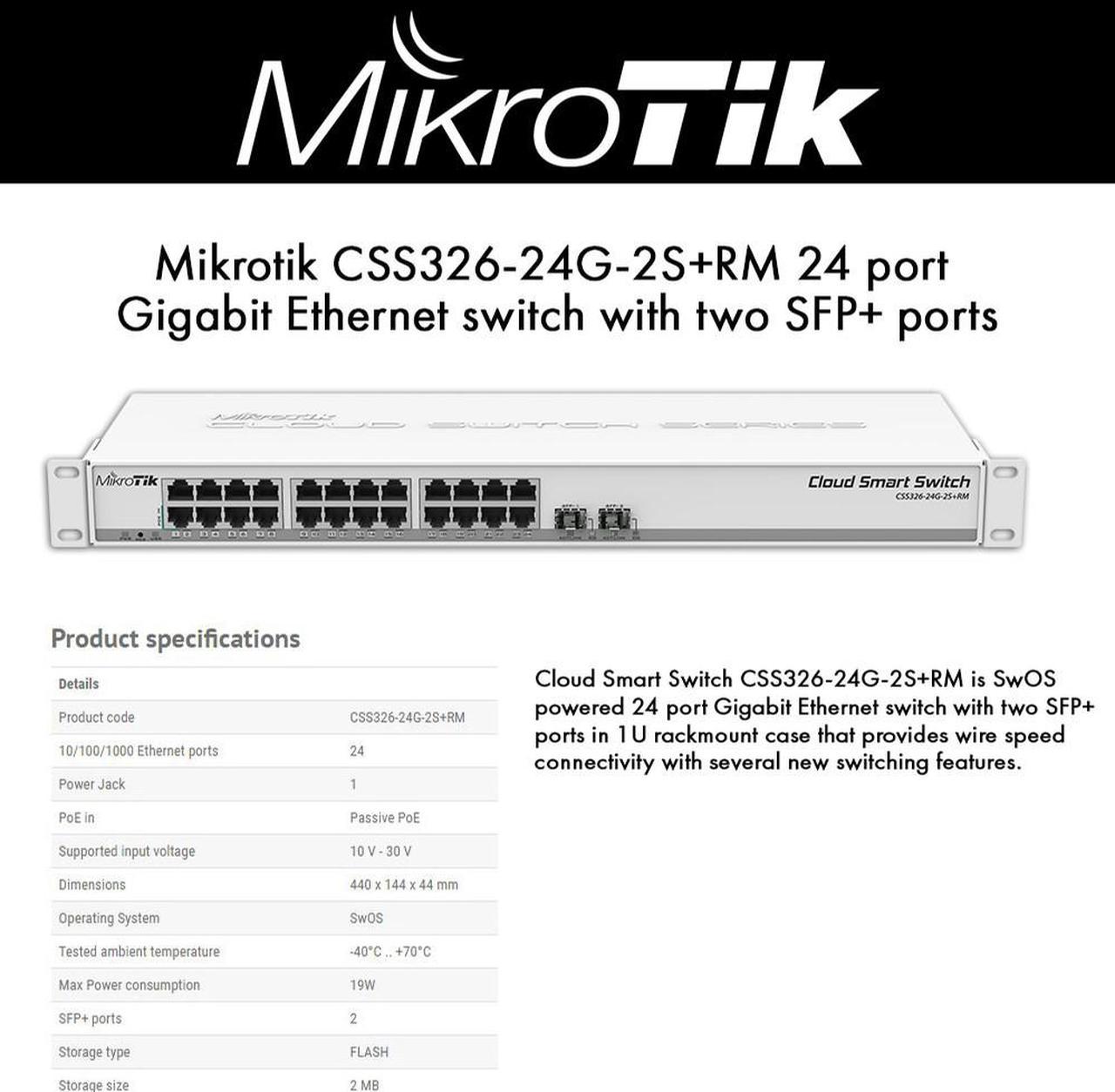 MikroTik - CSS326-24G-2S+RM - Cloud Smart Switch 326-24G-2S+RM with 24x Gigabit Ethernet ports, 2x SFP+ cages, 1U