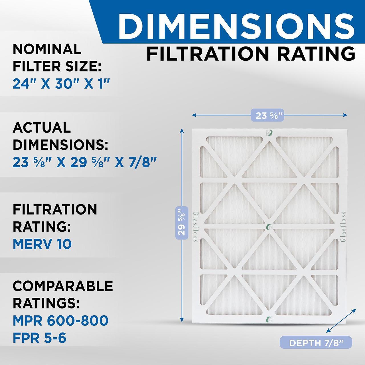 Alt view image 2 of 4 - Glasfloss ZL 24x30x1 MERV 10 Pleated Air Filters. Box of 6. Actual Size: 23-5/8 x 29-5/8 x 7/8