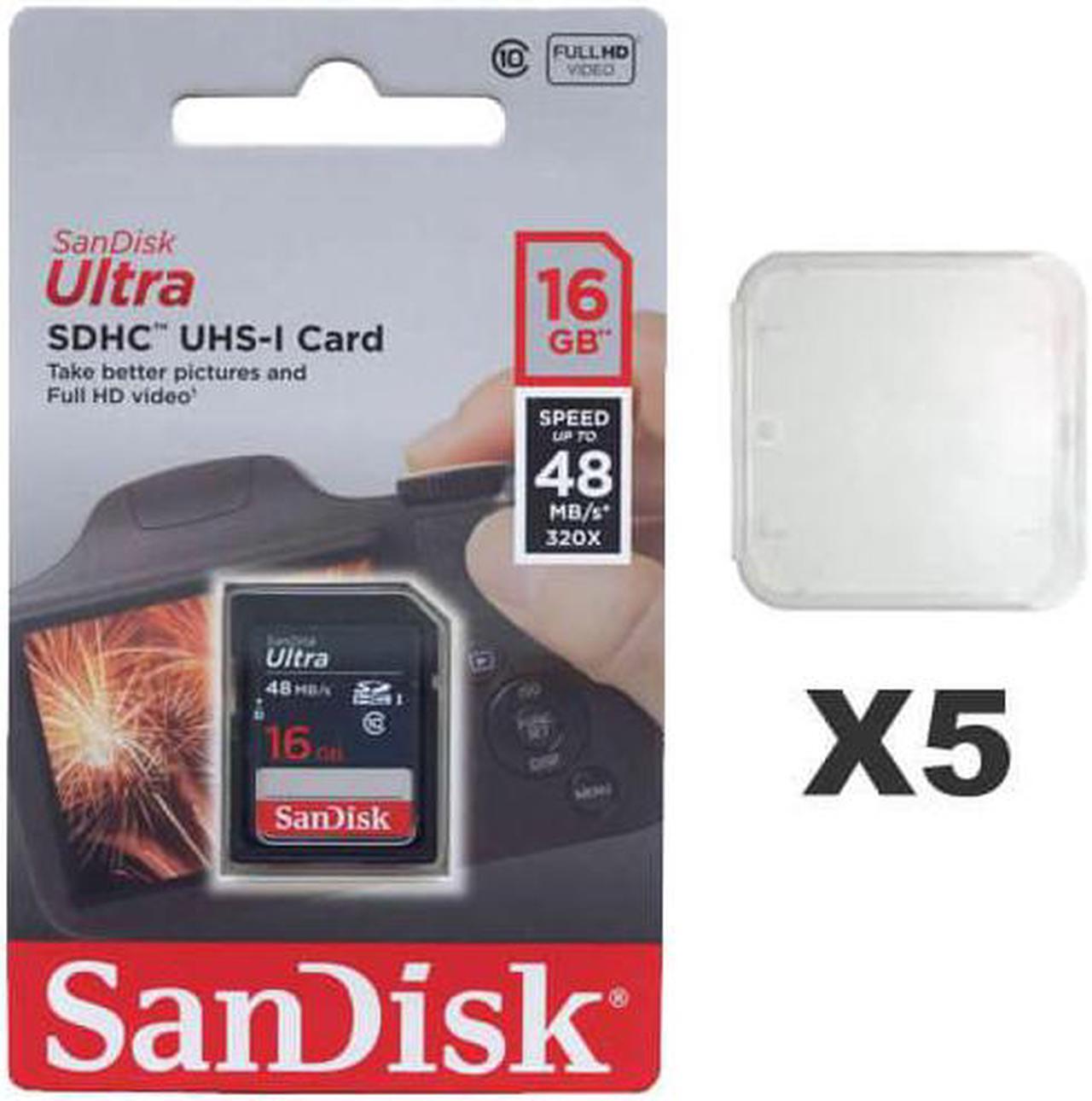 Main image of SanDisk 16GB Ultra SDHC Class 10 UHS-I 48MB/s SD Camera Card SDSDUNB-016G Retail (5 Pack) with Plastic Cases