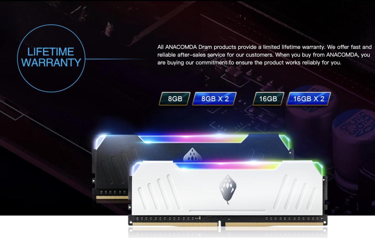 Alt view image 7 of 7 - ANACOMDA ET RGB Gaming DDR4 288-Pin PC RAM Memory 3200MHz(PC4 25600) CL16 32GB (16GBX2) UDIMM (White) with Heatsink Desktop Memory Model. Made in TAIWAN