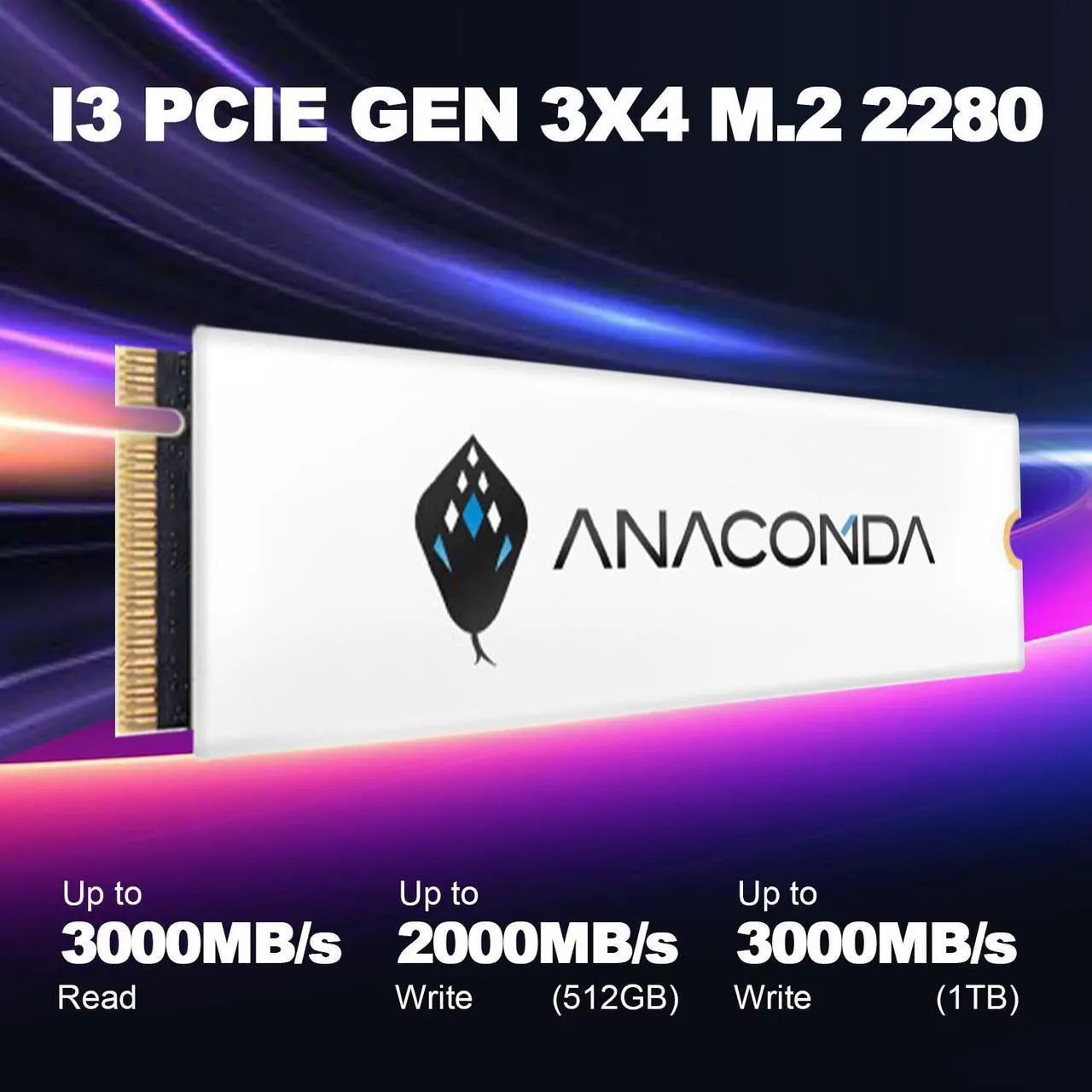 Alt view image 2 of 5 - ANACOMDA i3 2TB M.2 2280 PCIe Gen3x4 NVMe 1.3 3D TLC NAND FLASH Internal Solid State Drive. Internal SSD Read Speed up to 3000MB/s Write Speed Up to 3000MB/s. Made in TAIWAN