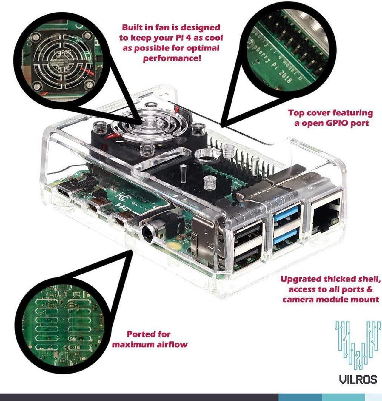 Alt view image 2 of 7 - Vilros Accessories Starter Pack for Raspberry Pi 4-Includes Fan Cooled Case-Power Supply -Heatsink (Set of 4) -Micro HDMI & USB-C Adapters