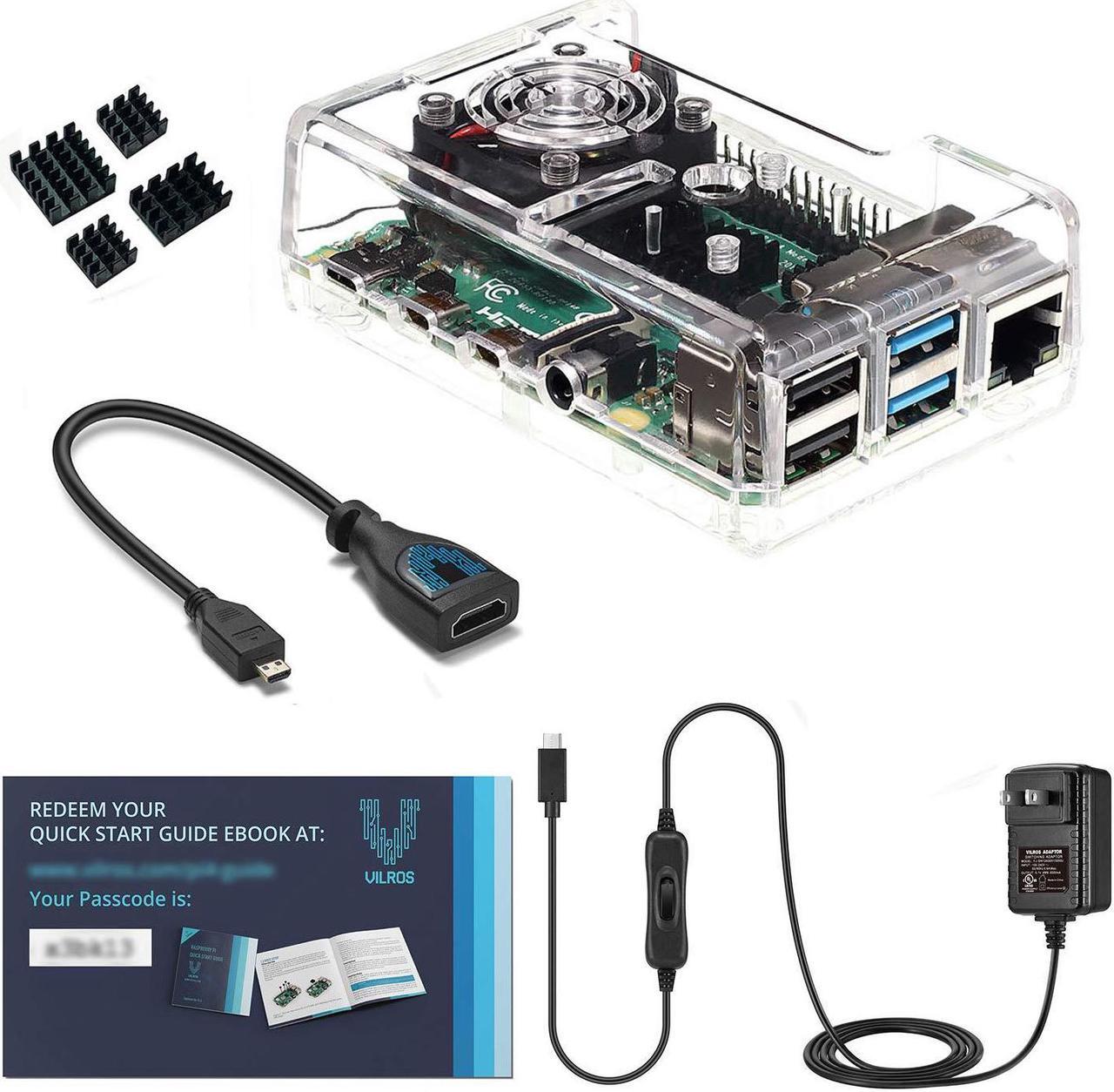 Main image of Vilros Accessories Starter Pack for Raspberry Pi 4-Includes Fan Cooled Case-Power Supply -Heatsink (Set of 4) -Micro HDMI & USB-C Adapters