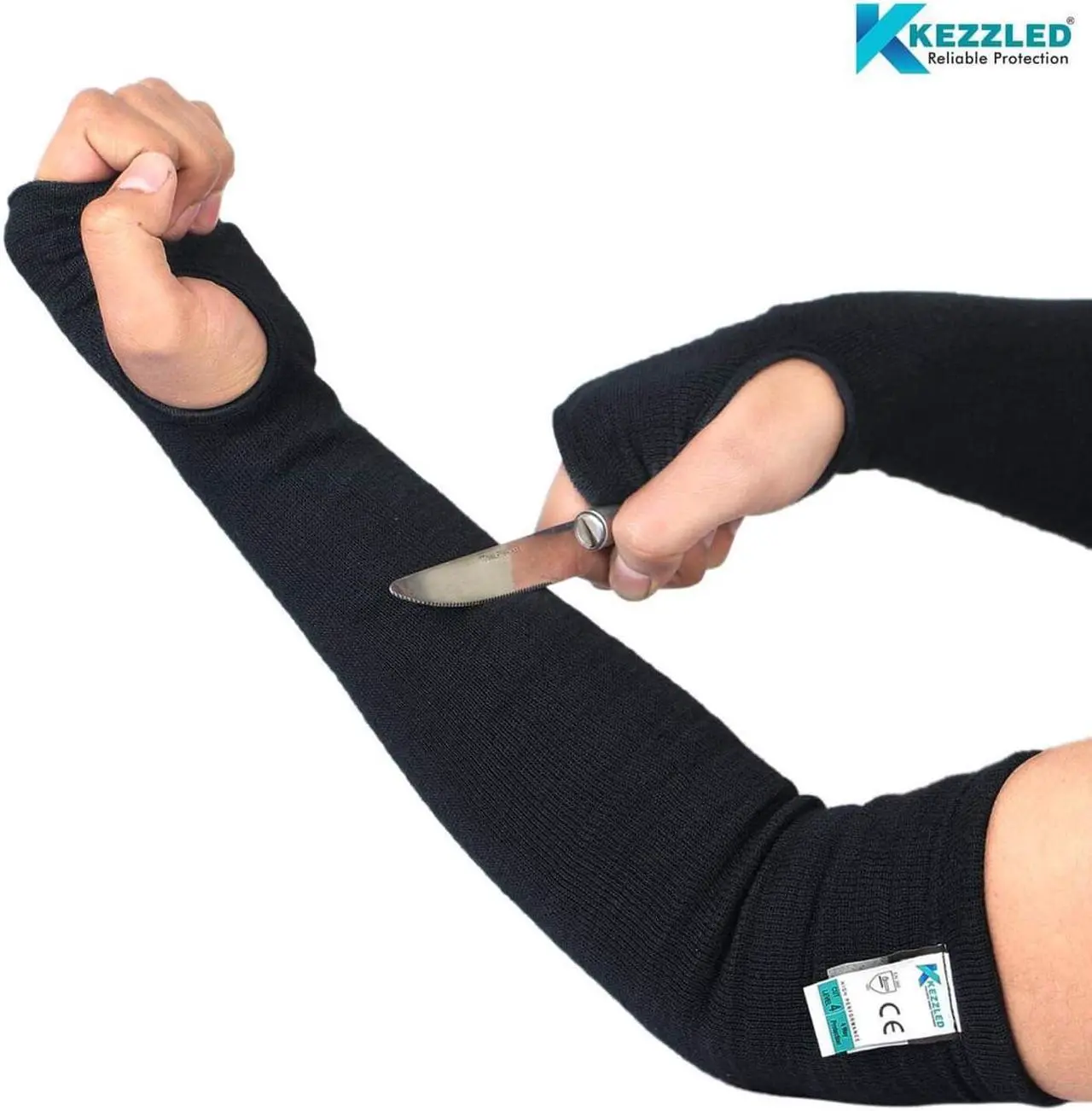 Alt view image 3 of 6 - KEZZLED Kevlar Sleeves for Men and Women  4 Way Protection Long Arm Sleeve with Finger Opening - Best for Welding, Gardening, Anti-Bite, Heat and Cut Resistant