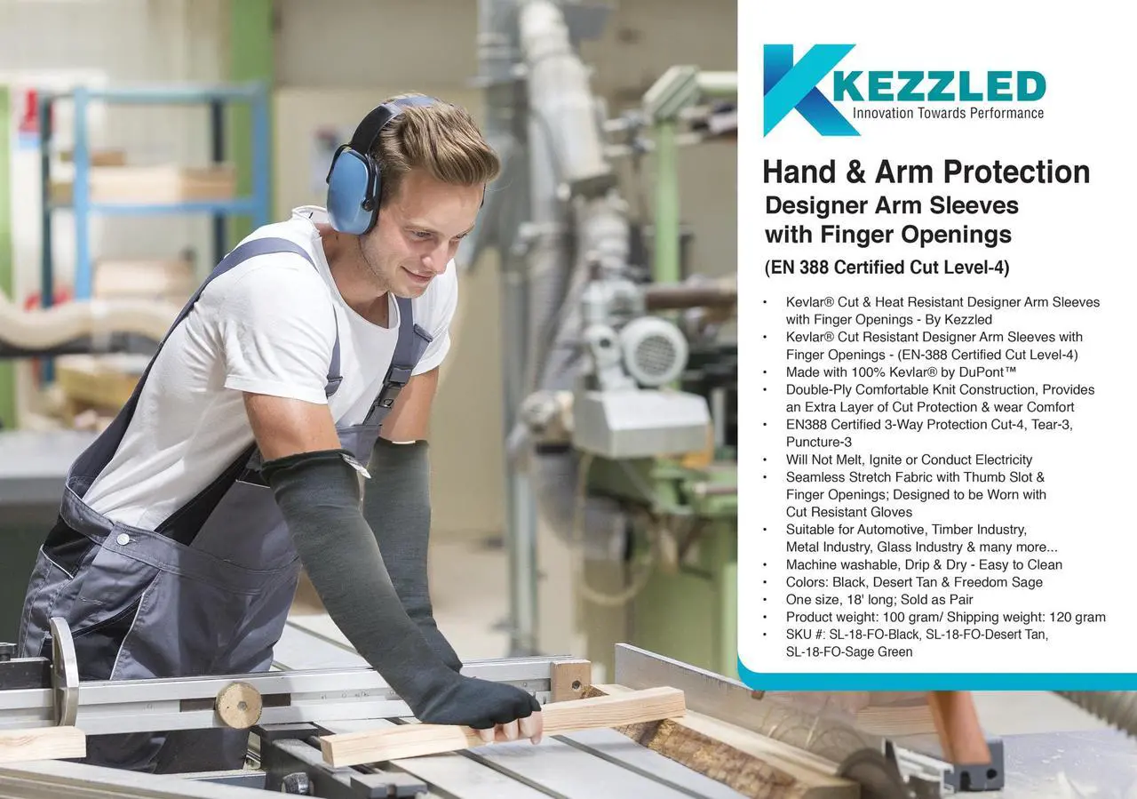 Alt view image 2 of 6 - KEZZLED Kevlar Sleeves for Men and Women  4 Way Protection Long Arm Sleeve with Finger Opening - Best for Welding, Gardening, Anti-Bite, Heat and Cut Resistant
