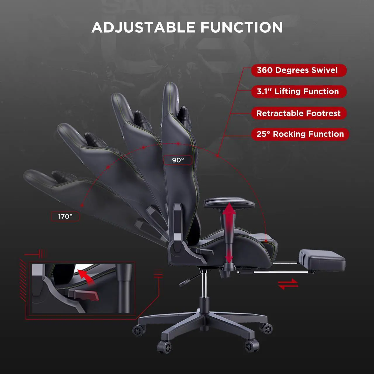 Alt view image 6 of 7 - AutoFull Gaming Chair Office Chair Desk Chair with Ergonomic Lumbar Support, Racing Style PU Leather PC High Back Adjustable Swivel Task Chair with Footrest,Black.