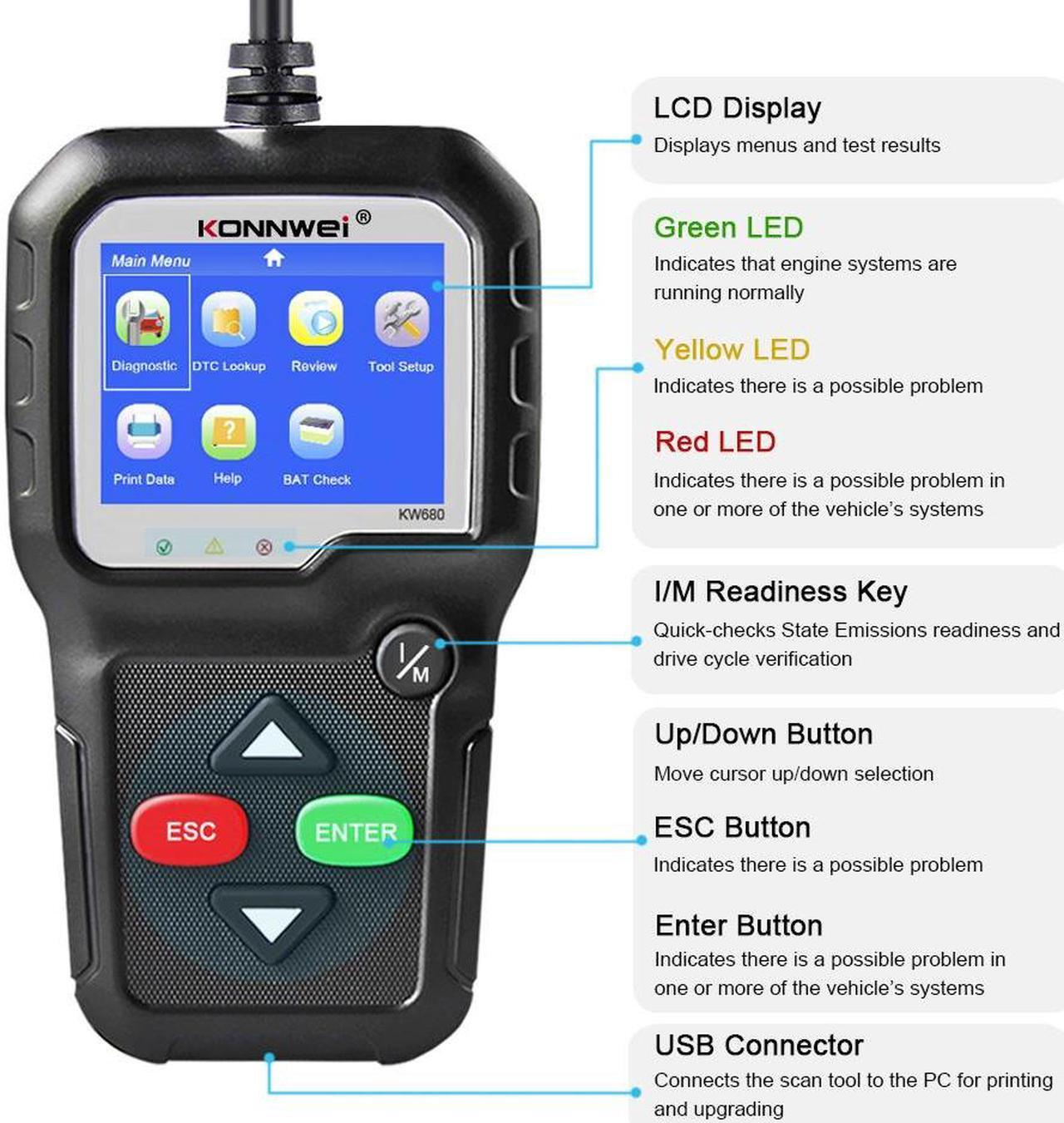 Alt view image 2 of 7 - [Authorized Distributor] Konnwei KW680 code reader scanner Multi-language full obd2 function kw 680 In Russian car diagnostic tool pk AD310 OM123 KW680