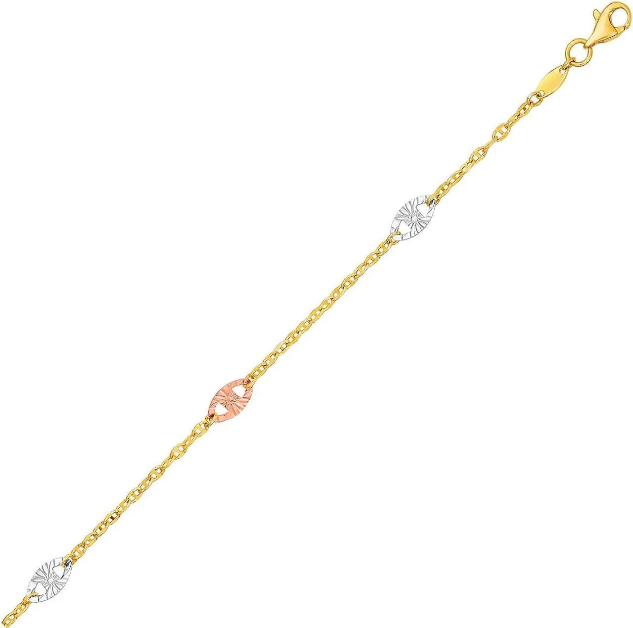 Main image of 14k Three-Toned Yellow   White   and Rose Gold Anklet with Textured Ovals