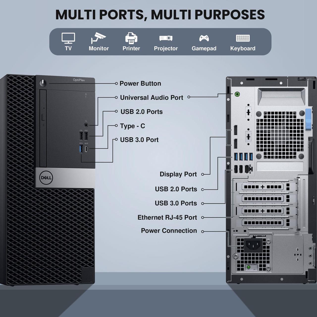 Alt view image 3 of 7 - Dell OptiPlex Desktop Computer PC Tower Intel Core i5-8500 Processor, 16GB DDR4 RAM, 1TB SSD + 1TB HDD, 22" LED Monitor Screen, Bto Wi-Fi Windows 10 Pro (Renewed)
