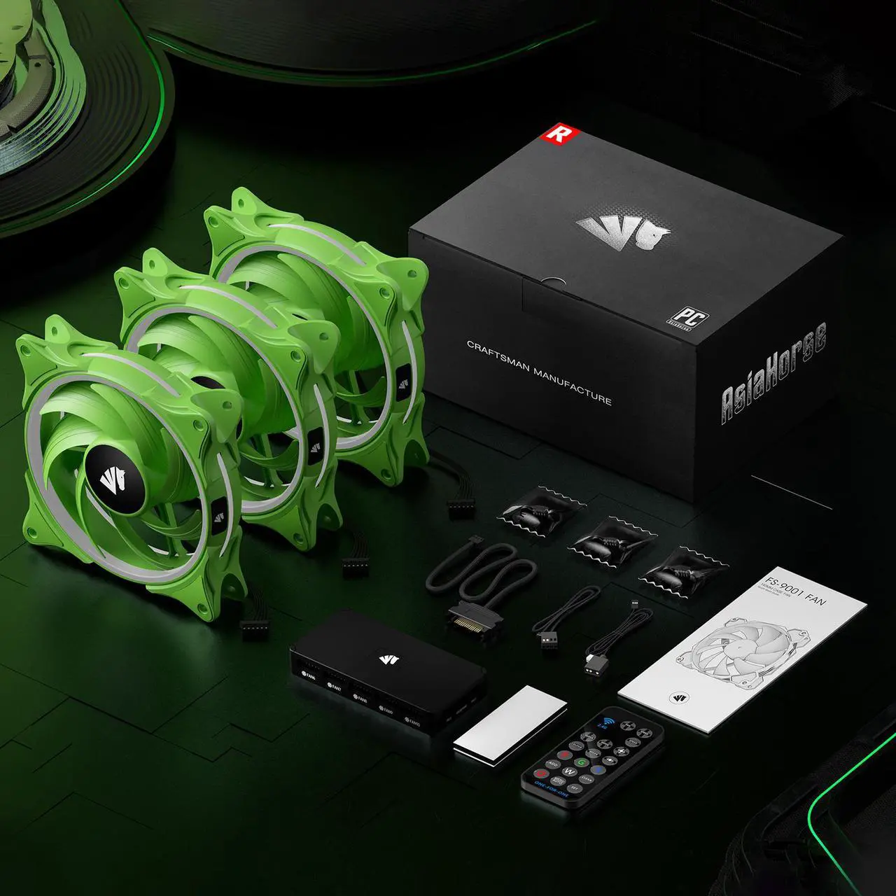 Alt view image 5 of 7 - Asiahorse FS-9001 120mm Triple Light Loop Silent 20 LED Addressable RGB Fan with 5V Motherboard Sync/Analog PWM Controller (Green 3 pack )