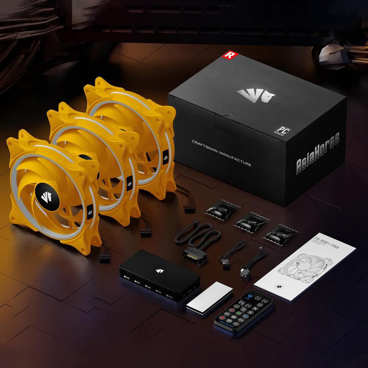 Alt view image 4 of 7 - Asiahorse FS-9001 120mm Triple Light Loop Silent 20 LED Addressable RGB Fan with 5V Motherboard Sync/Analog PWM Controller (Yellow 3 pack )