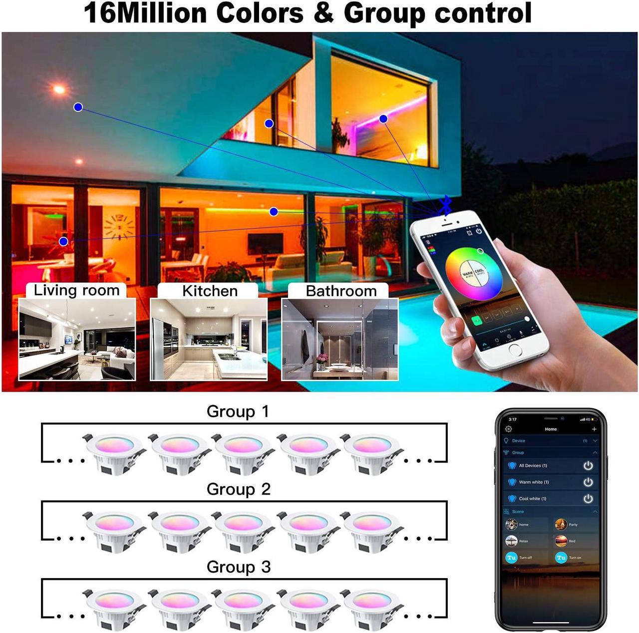 Alt view image 3 of 7 - MagicLight Smart Retrofit 5-6 Inch 15 Watts E26 LED Recessed Can Lights, 5 in 1 RGBCW Dimmable Multicolor Bluetooth Mesh App Control Smart LED Downlight