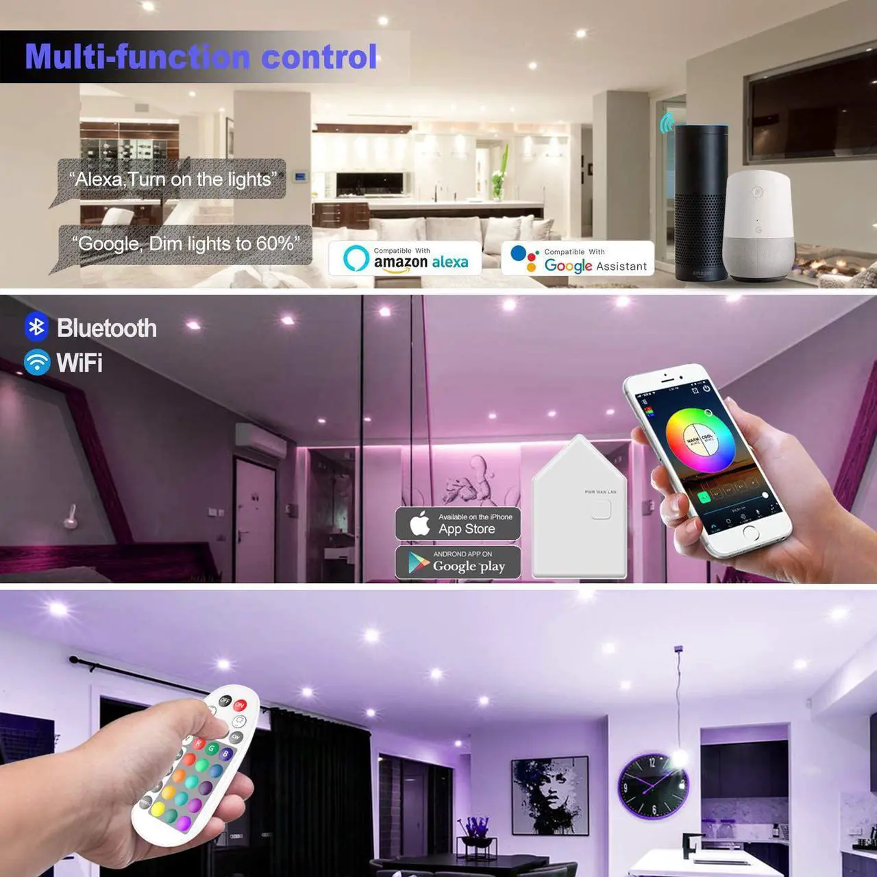 Alt view image 5 of 7 - MagicLight Smart Retrofit 5-6 Inch 15 Watts E26 LED Recessed Can Lights, 5 in 1 RGBCW Dimmable Multicolor Bluetooth Mesh App Control Smart LED Downlight