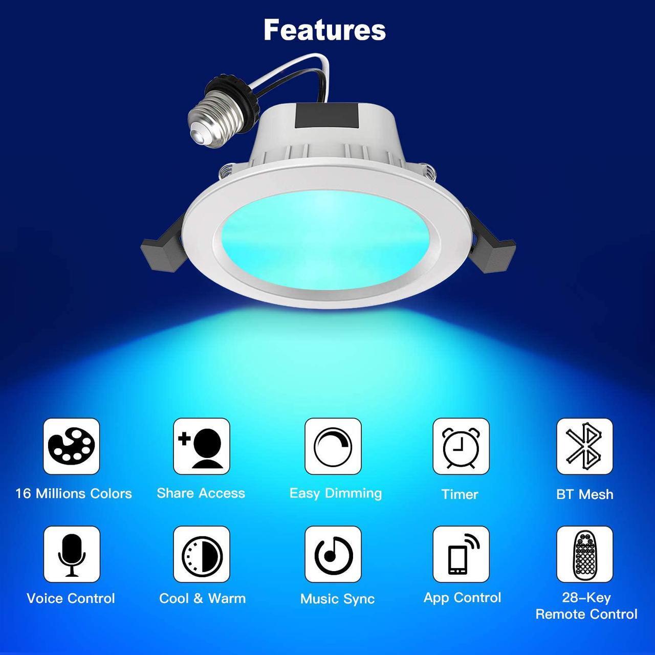Alt view image 2 of 7 - MagicLight Smart Retrofit 5-6 Inch 15 Watts E26 LED Recessed Can Lights, 5 in 1 RGBCW Dimmable Multicolor Bluetooth Mesh App Control Smart LED Downlight
