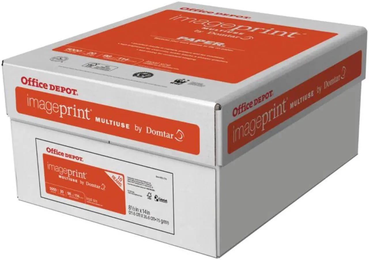 Alt view image 2 of 12 - Office Depot ImagePrint FSC Certified Multiuse Paper by Domtar, 8 1/2in x 14in, 20 Lb, White, 500 Sheets Per Ream, Case Of 10 Reams, 1836