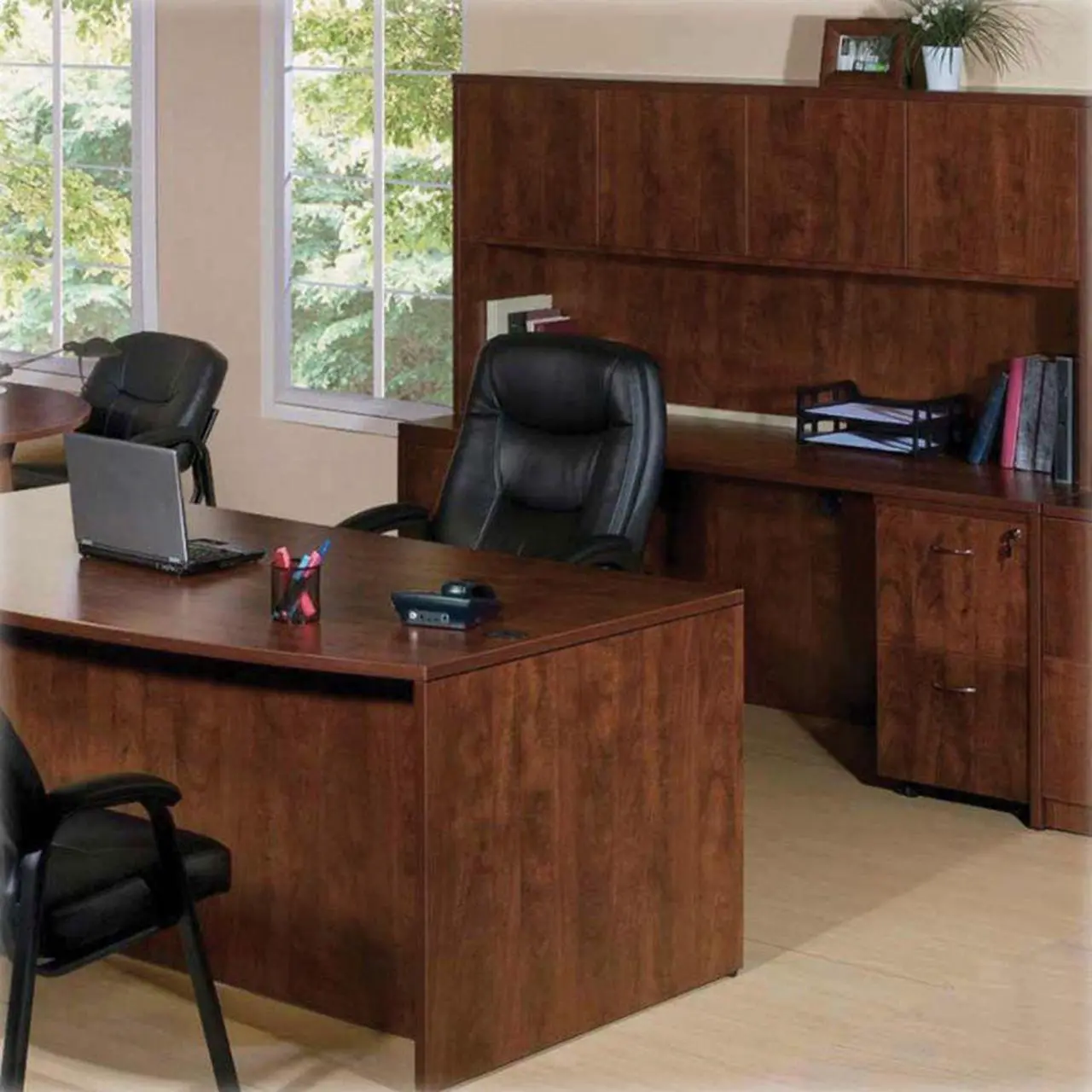 Alt view image 7 of 12 - Lorell Hutch w/Doors 66"x15"x36" Cherry 69417