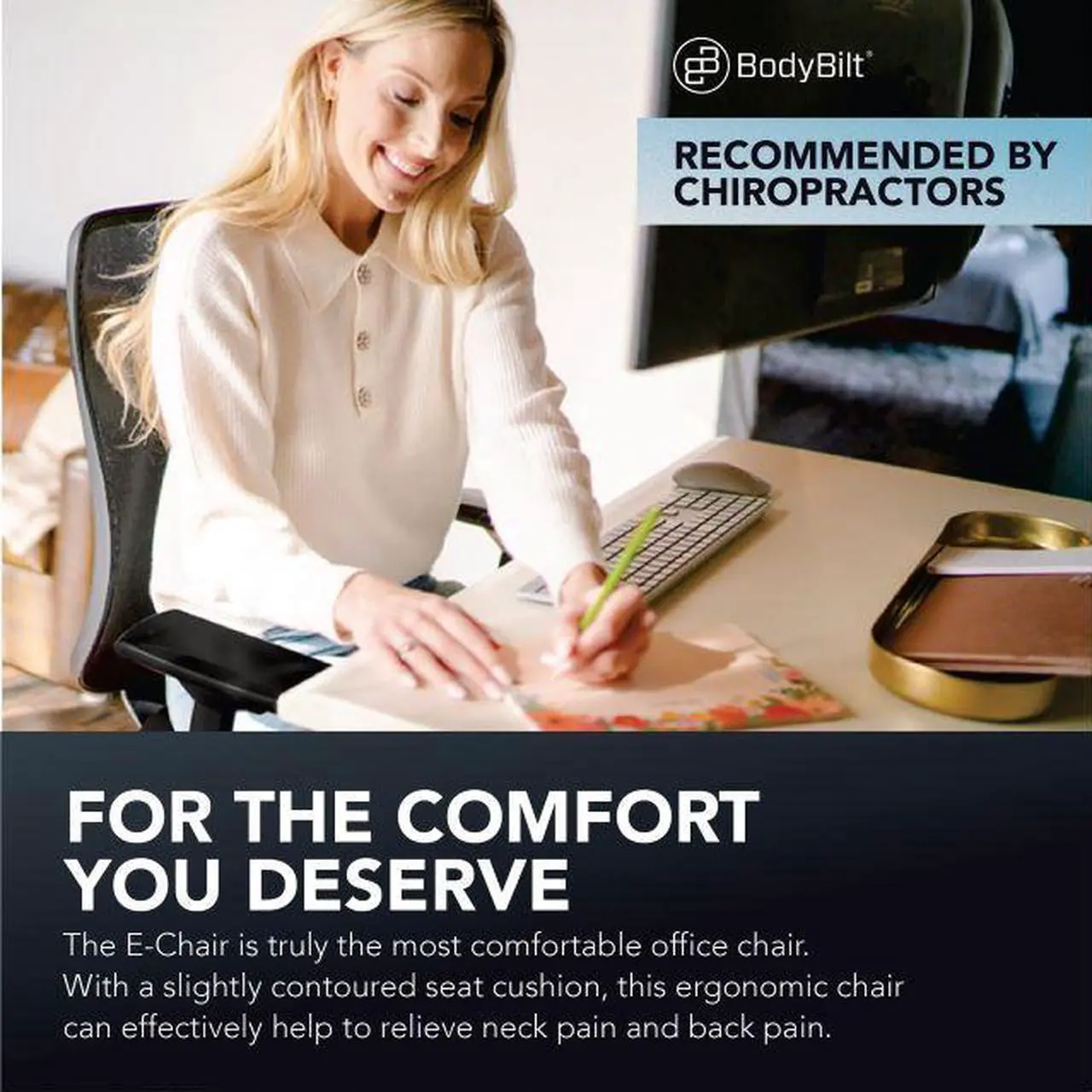 Alt view image 3 of 7 - BodyBilt® Seating E-Chair | Ergonomic Mid-Back Mesh Computer Task Chair |360° Swivel |Adjustable Arms | Quiet Smooth-Glide Wheels | Made in the USA