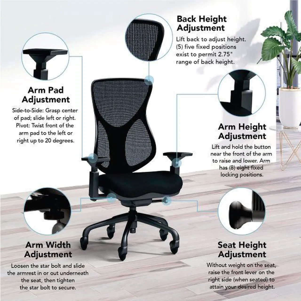 Alt view image 5 of 7 - BodyBilt® Seating E-Chair | Ergonomic Mid-Back Mesh Computer Task Chair |360° Swivel |Adjustable Arms | Quiet Smooth-Glide Wheels | Made in the USA
